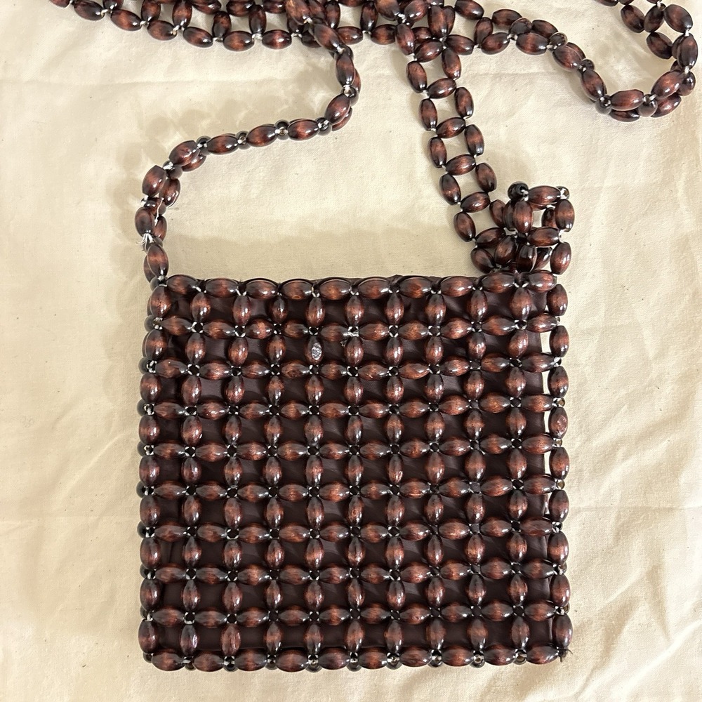 Vtg Y2k Wooden Bead Mini Crossbody Purse Dark Cherry Boho Chic Festival Natural